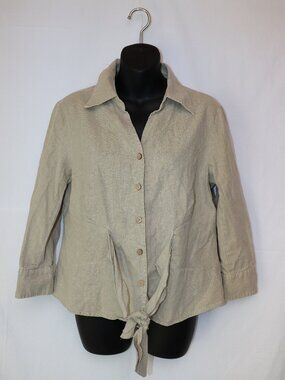Simply Yours Linen Blend Tie-Front Button Shirt | Women's Medium | Sage Green